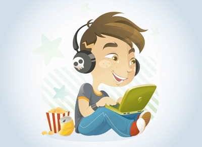 A cartoon of a young boy wearing headphones and playing on a laptop.